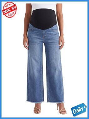 Maternity Wide Leg Jeans Over The Belly Raw Hem 5 Pockets Stretchy